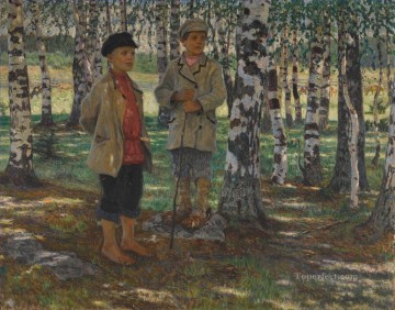 Nikolay Petrovich Bogdanov Belsky Painting - NIÑOS EN UN BOSQUE DE ABEDUL Nikolay Bogdanov Belsky